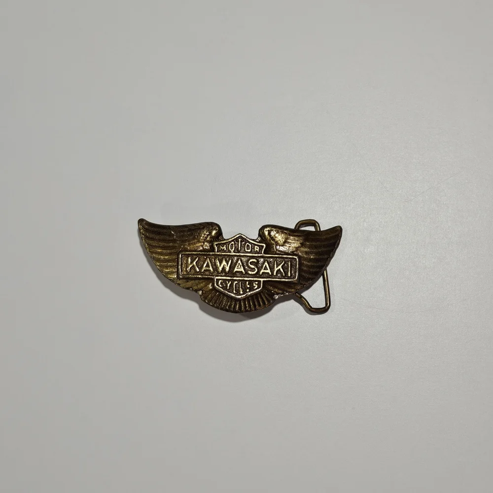 Vintage 1970s Kawasaki Motorcycles Brass Belt Buckle Wings Logo Design